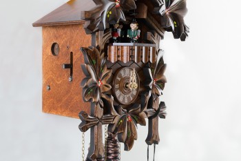 1-day carved cuckoo clock with painted leaf and bird,  music and dancers