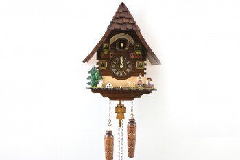 Quartz Black Forest Chalet cuckoo clock with Black Forest Girl and St. Bernard