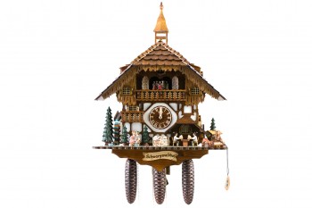 8-day Black Forest house style cuckoo clock with kissing couple, music and dancers