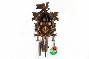 1-day carved cuckoo clock with painted leaf and bird,  music and dancers